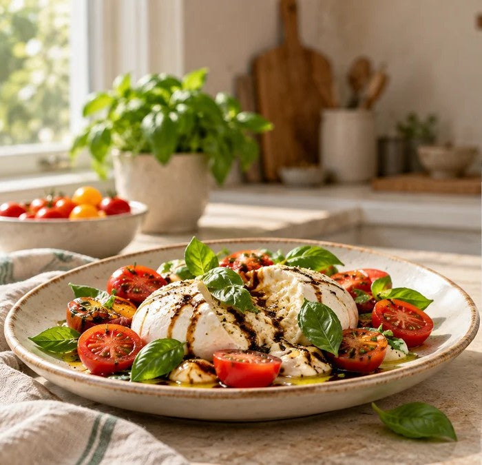 Burrata Caprese with a Coconut Flower Vinegar and Syrup Dressing